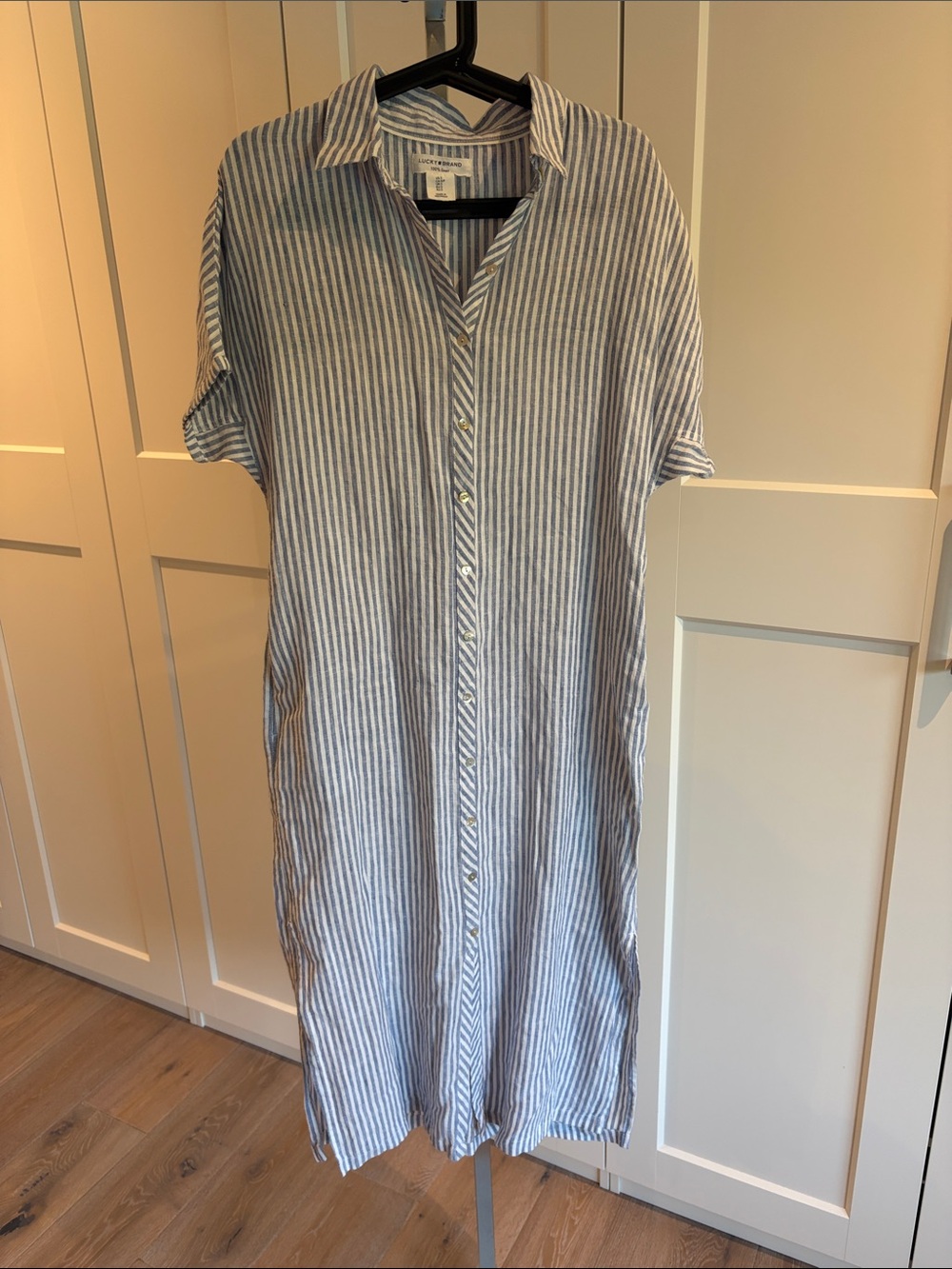 100% Linen Lucky Brand Blue and White Striped Midi Shirt Dress